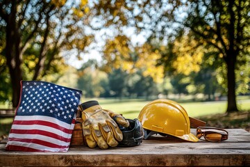 American labor day: celebrating hard work & dedication with construction tools & us flag in autumn park setting
