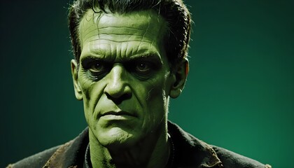 Frankenstein monster close-up over a dark background, Halloween night wallpaper