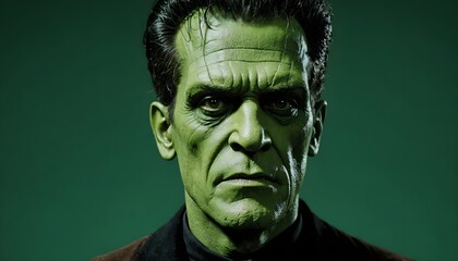 Frankenstein monster close-up over a dark background, Halloween night wallpaper