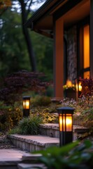 Obraz premium Warm outdoor lighting on stone steps leading to a home at dusk