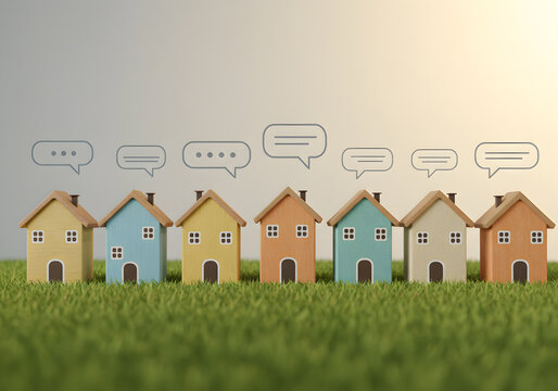 Real estate community neighborhood houses with speech bubbles for communication concept and social media marketing - Powered by Adobe