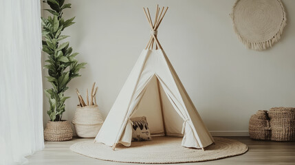 A Scandinavian-style beige teepee sits on the floor in a children's room, surrounded by charming decorative accents.