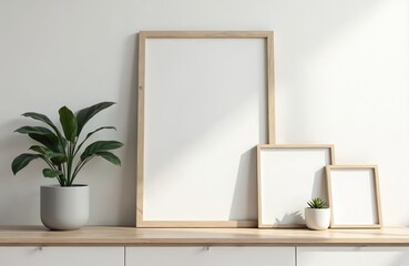 Blank wooden picture frames mockup in modern interior with plants. Vertical template mock up for artwork painting photo poster in home decor, interior design. Minimalist, stylish design for showcase