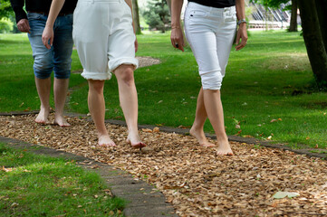 Group of people walking barefoot on gravel path in green park  