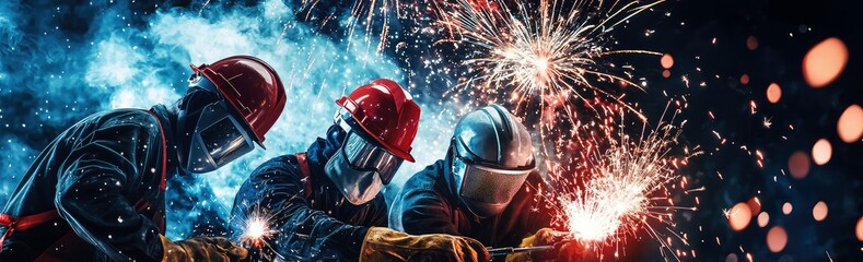Fototapeta premium Teamwork in welding: industrial welders at work with sparks flying, dramatic lighting and smoke. high-quality image depicting skilled professionals in action.