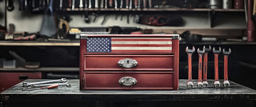 American tool chest: a vintage red toolbox with usa flag decor,  surrounded by wrenches in a workshop setting. perfect for mechanics, diy enthusiasts, and americana decor lovers.