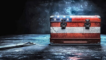 Metal toolbox on dark wooden surface: american flag design, vintage style, dramatic lighting, close-up view