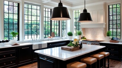 Modern kitchen with large windows and dark cabinets.