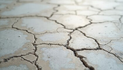 Obraz premium Close-up of cracked concrete floor. Grungy texture features salt corrosion patterns on weathered surface. Fissures, fractures create rough, aged, minimalist visual. Ideal for industrial,