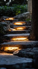 Obraz premium Illuminated stone steps winding through a garden at dusk