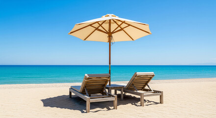 chaises longues sur une plage de sable fin, mer turquoise