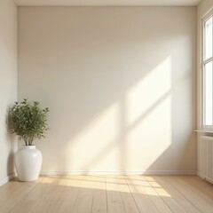 Neutral living room interior with a large blank wall, wooden floor and window with sun light. Minimalist design, empty space ideal for adding text. Home interior with plant in white vase.