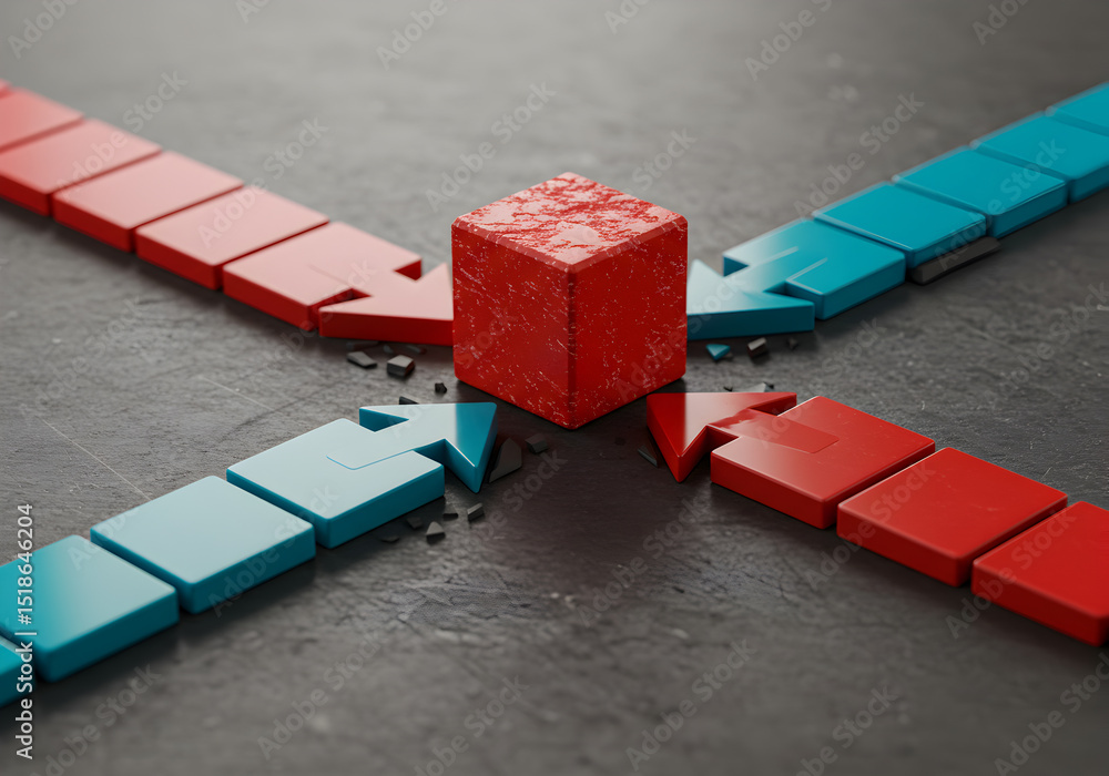 Poster business strategy conflict resolution concept with arrows meeting at a central point cube block