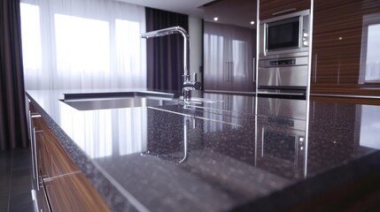 Modern kitchen counter reflecting surrounding light.