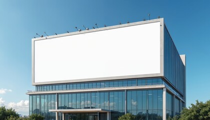 Oversized billboard atop modern convention center. Blank advertisement space perfect for branding, promotion. Corporate marketing communication message on large display. Billboard mockup in urban