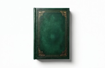 Green book cover isolated on white. Top view, close-up. Vintage design with gold patterns. Blank space for text. Perfect for education, knowledge, reading, literature, study or history.