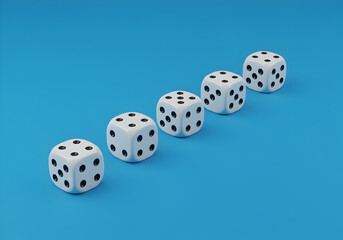 White dice on blue background concept for games of chance gambling and casino luck and probability concept