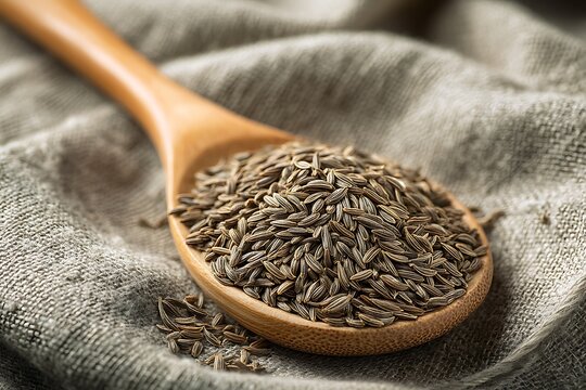 Cumin seeds scattered inside wooden spoon high resolution picture