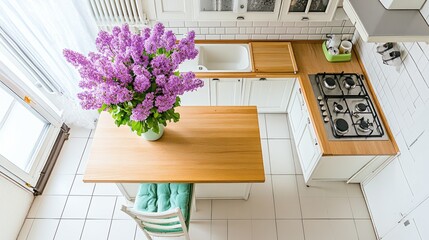Charming kitchen island with vibrant flowers.