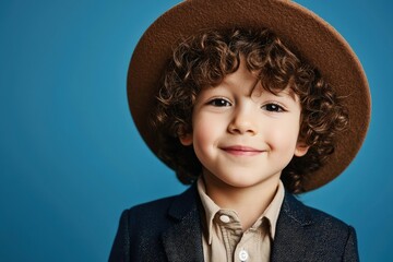 Adorable curly-haired boy in brown hat and blazer:  stylish child portrait photography against teal background.  perfect for fashion, kids, and portrait websites.