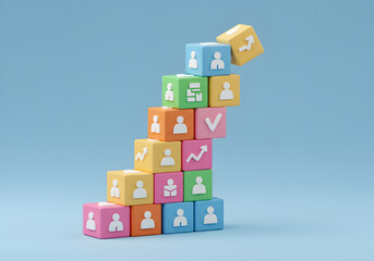 Colorful blocks tower concept for business growth team building and leadership with falling block effect