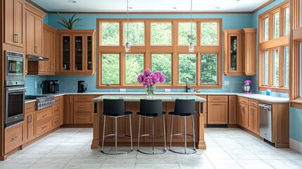 Spacious, modern kitchen with light-wood cabinets and teal walls.