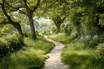 Fototapeta premium narrow path winding through lush summer forest illuminated by ultrabright sunlight filtering through leaves