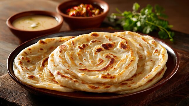 Vibrant photo of vibrant photo of beauitful photographic shot of three Malabar Parotta on a plate for advertisement purpose Paratha made of refined wheat flour front view.