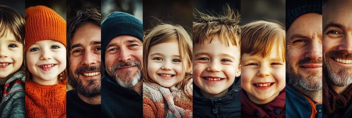 Happy family portrait: close-up collage of smiling faces, kids and adults.  warm, joyful expressions showcase family bonds and connection.  perfect for family blogs, websites, and social media.