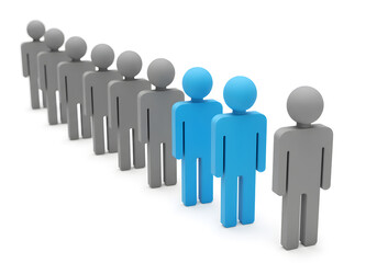 Leadership team concept: blue figures standing out from the grey crowd, business strategy and teamwork success