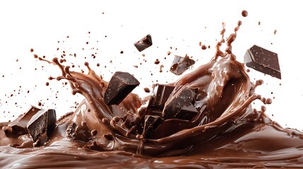 Fototapeta premium Vibrant photo of melting chocolate splash burst explosion on white background. Liquid cocoa dark chocolate pieces candy flying in air. Sweet dessert food concept ingredient for.