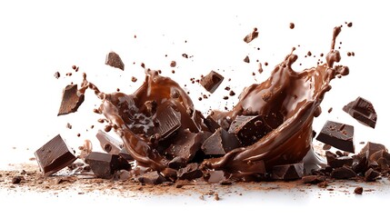 Fototapeta premium Vibrant photo of melting chocolate splash burst explosion on white background. Liquid cocoa dark chocolate pieces candy flying in air. Sweet dessert food concept ingredient for.