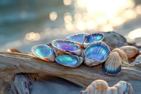 Iridescent seashells on driftwood gleam in sunlight, embodying the serene beauty of a tropical coastal scene. - Powered by Adobe