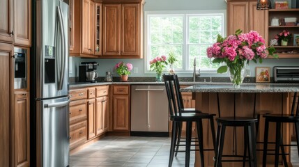 Modern kitchen interior with wooden cabinets and granite counters.