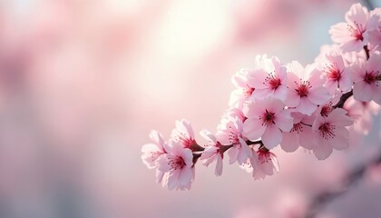 Delicate cherry blossom branch displays pale pink flowers. Soft bokeh background, dreamy mood. Springtime bloom, floral beauty, zen peacefulness, nature aesthetics. Serene, romantic, graceful, fresh,