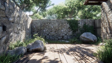 Stone wall enclosure with wooden floor and trees.