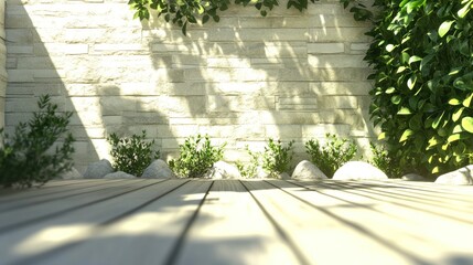 Exterior patio design with sunlight and greenery.
