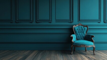 Teal room with an ornate antique chair.