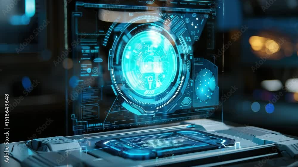 Poster engaging digital interface showcasing complex holographic technology in a futuristic setting with vi