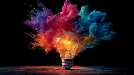 Vibrant photo of vibrant explosion of colorful paint radiating from a glowing lightbulb inspiration artistic.