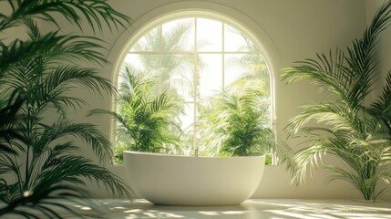 Tranquil, sunlit bathroom with lush tropical plants.