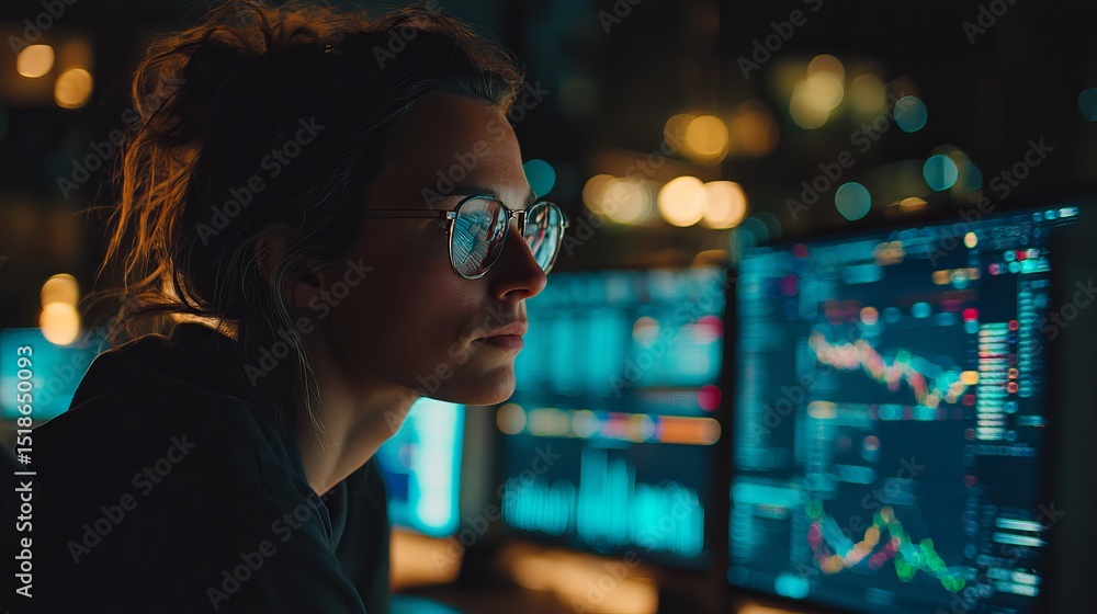 Poster focused woman programmer working late night on computer screens analyzing data charts graphs studyin