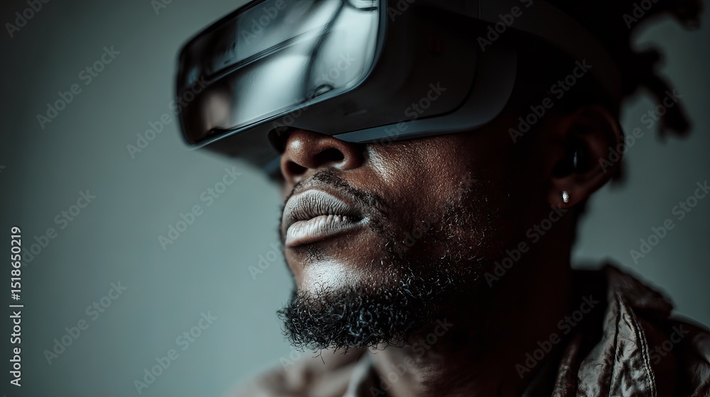 Poster man wearing modern virtual reality headset exploring digital worlds futuristic technology innovative