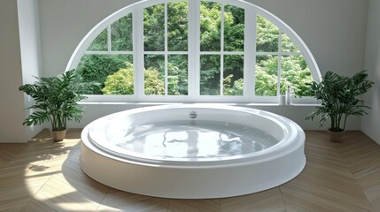 Modern round bathtub in a bright, airy room.