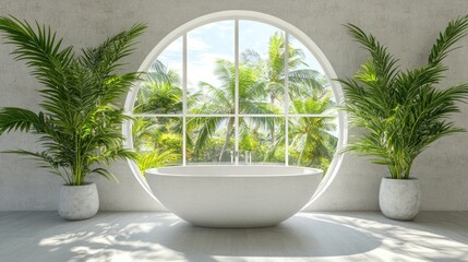Modern bathroom with a circular window and tropical plants.