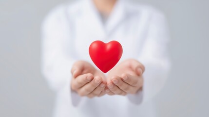 Hands of a healthcare professional in a white coat gently holding a red heart symbol, representing care, compassion, and the importance of health and well-being in a clinical environment