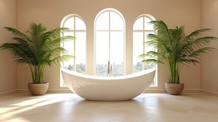 Spacious interior bathroom with large windows and a luxurious tub.