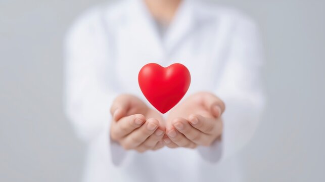 Hands of a healthcare professional in a white coat gently holding a red heart symbol, representing care, compassion, and the importance of health and well-being in a clinical environment