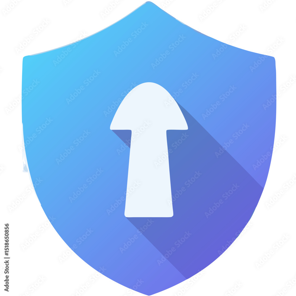 Poster conceptual illustration of a secure shield with an arrow symbolizing upward protection