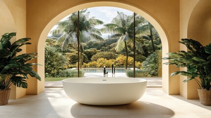 Outdoor spa with a view of tropical foliage.